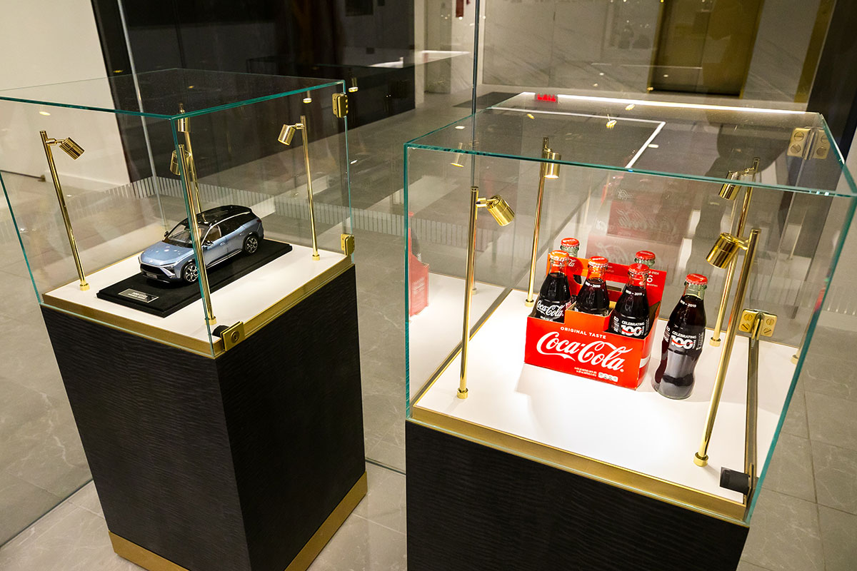 The entrance to the NYSE’s redesigned lobby featuring wall displays and freestanding exhibits.