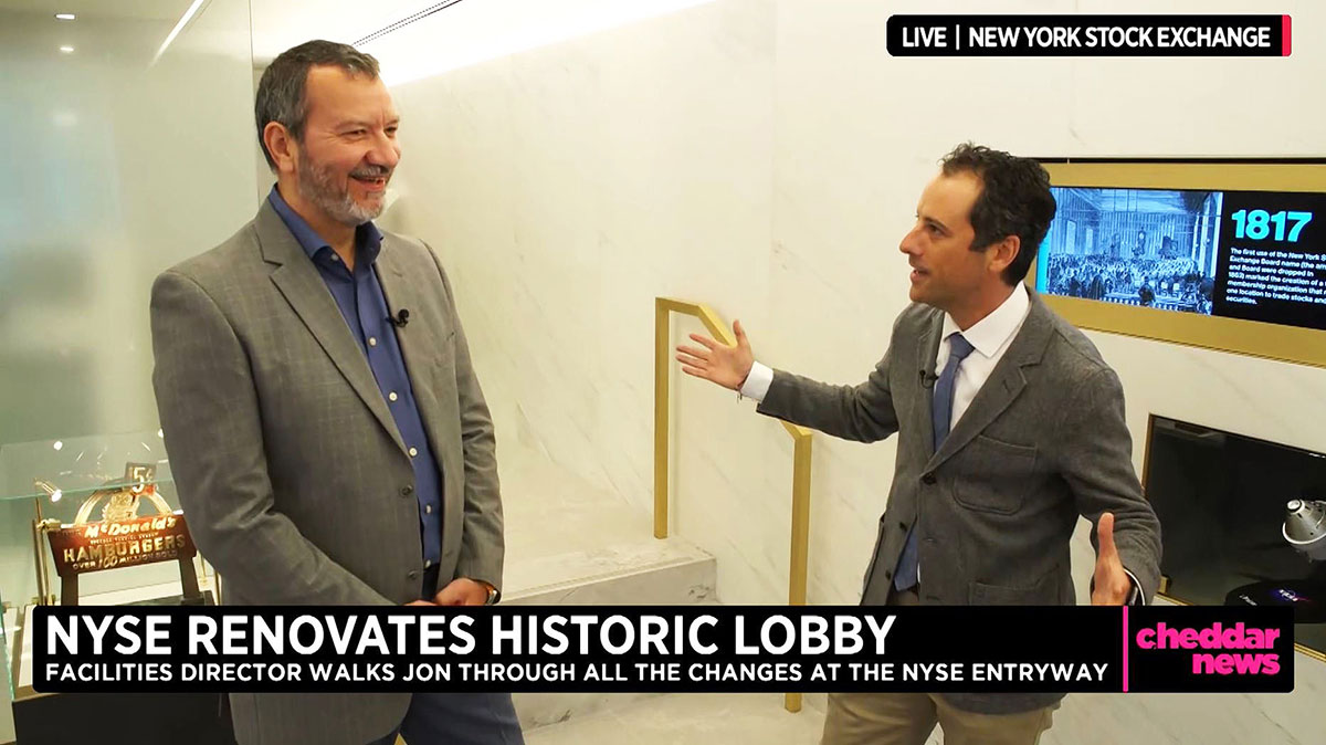 The NYSE’s Jim Katsarelis is interviewed by Cheddar’s Jon Steinberg about the redesigned lobby. 